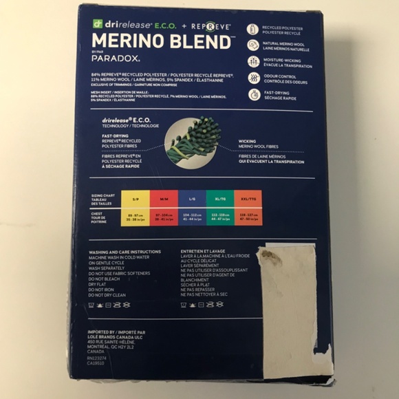 Paradox Merino Blend Dri Release Performance Base Layer ECO Repreve US XXL NWT - Picture 10 of 10